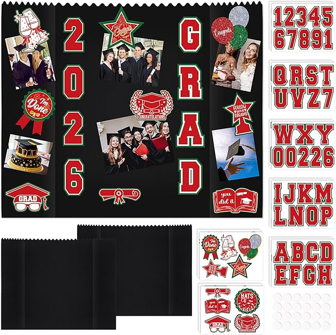 AmazingSpark 2 Sets Graduation Photo Display Board Trifold Poster Board with 12 Graduation Themed Stickers for 2026 Grad Party Decoration Picture Collage Frame Supplies (40 x 28,Red Green)