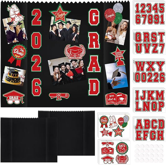 AmazingSpark 2 Sets 40 x 28 Large Trifold Poster Board for Graduation Photo Display Board with 12 Grad Themed Stickers for 2026 Presentation Party Decor Event Collage Frame Supplies (Red Green)