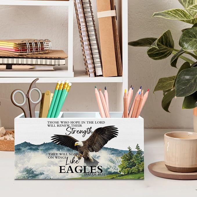 DILSJ Christian Inspirational Eagle Pen Pencil Holder Organizer for Desk, Inspirational Gifts for Women, Bible Verse Eagle Wooden Box Signs for Home Office Desk Tabletop Decoration