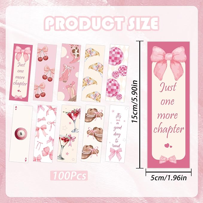Coquette Aesthetic Bookmarks, 100 Pcs Pink Bow Girly Book Marks, Bookish Gifts for Reading Women Book Lovers