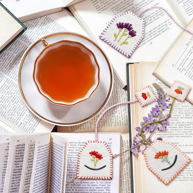 Skyygemm 6 Pcs Retro Tea Bag Bookmarks for Women Tea Party Favors Cute Hand Embroidered Bookmarks Gift for Holiday Book Reading Lovers Mom