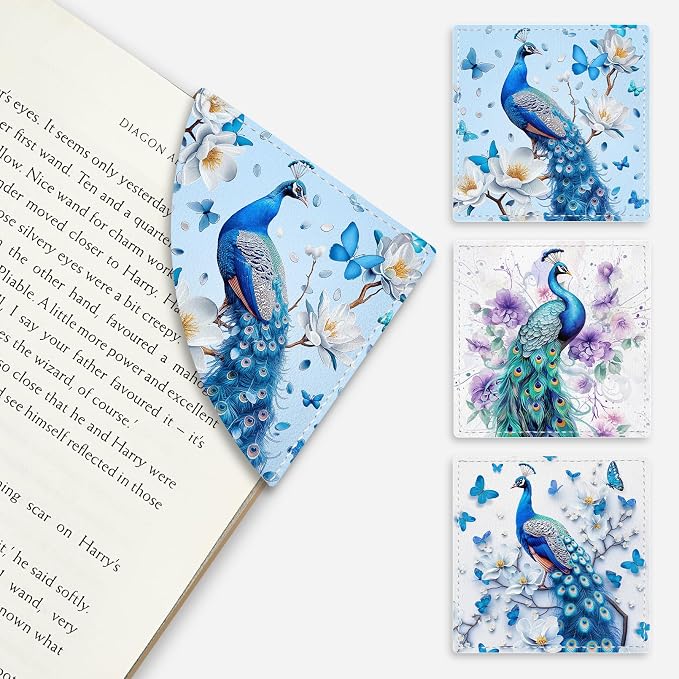 Icycay Peacock Corner Bookmarks, Cute Leather Book Accessories for Book Lovers, 3 Pcs Reading Book Page Markers for Women Men Student Teacher Girls Boys Kids Retirement Birthday Gifts