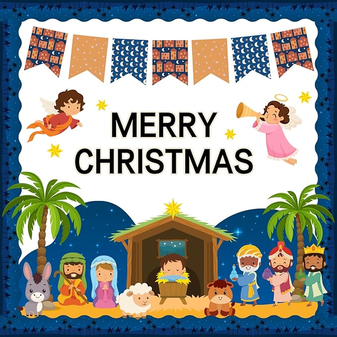 FYSUIMU 80Pcs Christmas Nativity Bulletin Board Decorations Christian Jesus Birth Scene Paper Cutouts Merry Christmas Classroom Decor with 150Pcs Glue Points for Xmas Party Sunday School Church