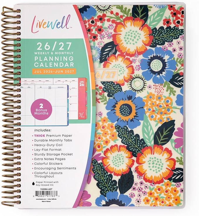 Blue Sky Livewell 2026-2027 Weekly and Monthly Academic Year Planner Calendar, July 2026 - June 2027, 7" x 9", Flexible Cover, Wirebound, Colorful Interior, Laminated Tabs, Storage Pocket, Includes Stickers, Charmie