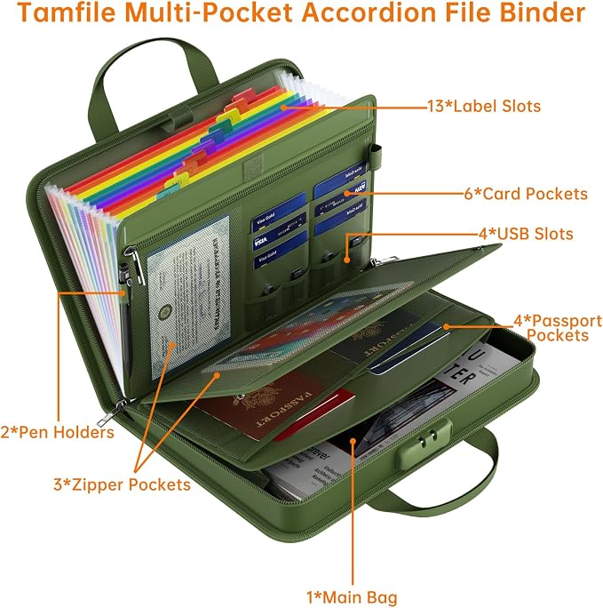 Fireproof Accordion File Organizer with Lock, 5200℉ Document Organizer | Thickened, 13 Colorful Pocket, with Zipper & Labels, Important Document Organizer, Expanding File Folder, with Handle, Black
