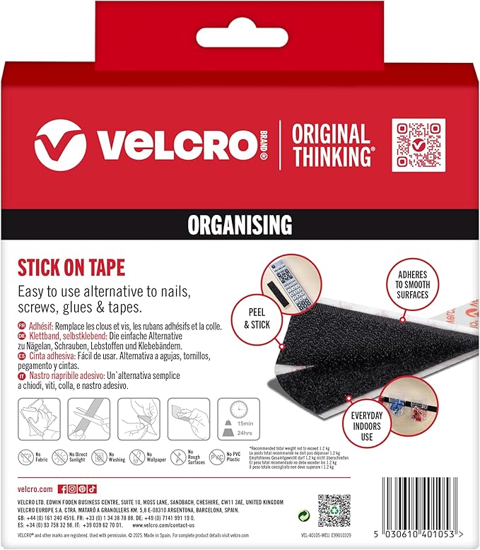 Velcro Brand | Stick On Tape | Cut-to-Length Strong Hook & Loop Self Adhesive Sticky Tape Perfect for Room Décor & Home, Office, Garage Use | Black | 20mm x 7.5m