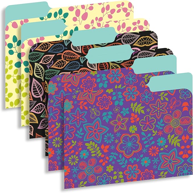 New Generation - 12 Pack Decorative 1/3 Cut Tab File Folders with Patterns Designs, Heavyweight, Letter Size (9.5" x 11.5") Laminated, Fashion Folders, for Home or Office. (Floral)