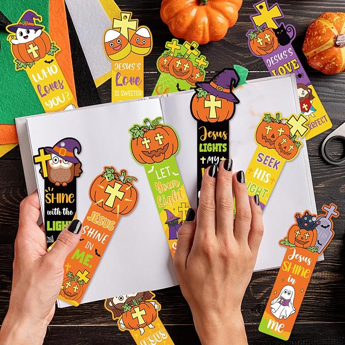120 Pcs Religious Halloween Pumpkin Bookmarks Halloween & Thanksgiving Gift Flliers Christian Religious Pumpkin Bookmark Giveaways for Sunday School Halloween Party Favors for Classmates