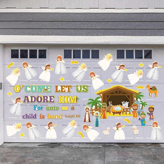 Zhanmai Christmas 3D Bulletin Board Set Paper Cutouts with String Lights Holiday Wall Bulletin Board Decorations for Home Office Holiday Party Supplies(Nativity)