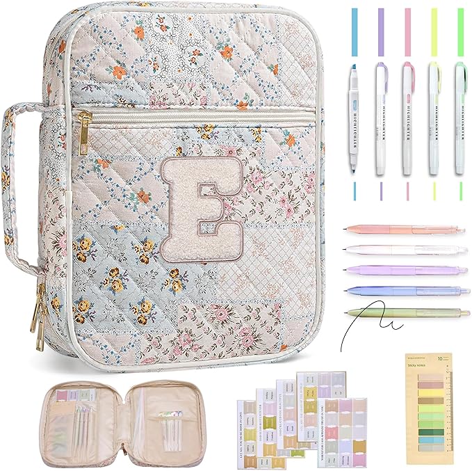 Personalized Initial Bible Cover Case for Women – Large Quilted Bible Bag with Handle, Chenille Letter, Bible Study Kit, Christian Gift for Mom, Grandma & Daughter (Patchwork Floral-E)