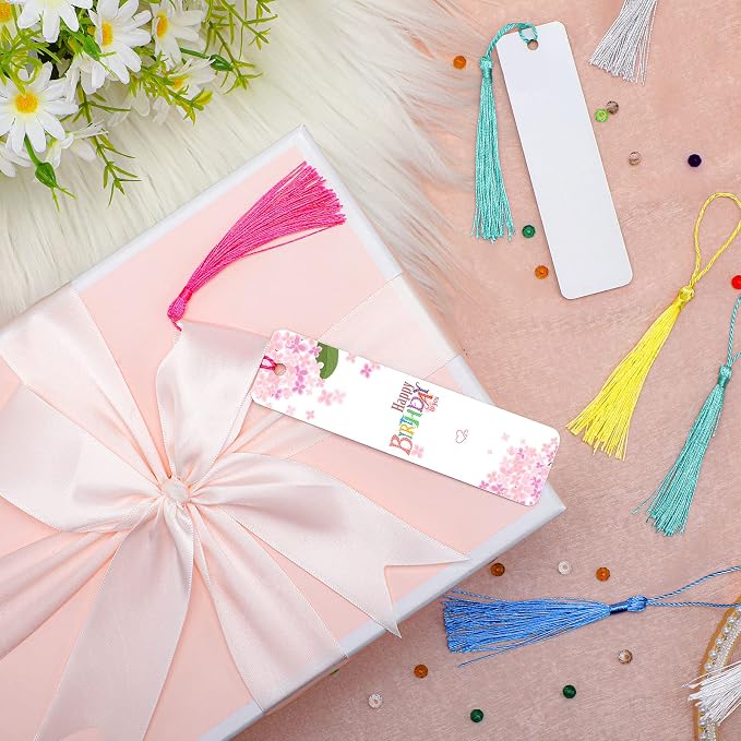 Tenare 50 Pcs Sublimation Blank Bookmarks Metal Heat Transfer Aluminum Bookmarks Bulk with Hole and Colorful Tassels for School Birthday Wedding DIY Projects and Gift Tag