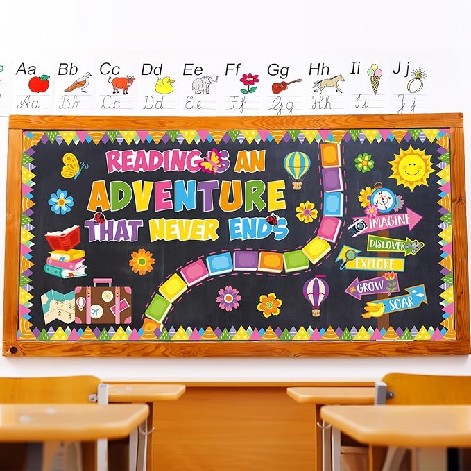 Honoson 55 Pcs Spring Bulletin Boards Reading is an Adventure Bulletin Boards Colorful Floral Cutouts Decors for Apirl Spring Back to School Library Home Chalkboard Wall Decoration (Book)