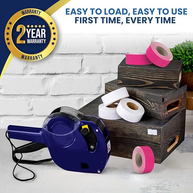 Perco Lite 1 Line Price Gun with Labels Kit - Includes 3 White Rolls, 1 Gun Clip, 3 Fluorescent Pink Rolls, 2 Ink Rollers, 1 Ink roll and Labels Pre-Loaded