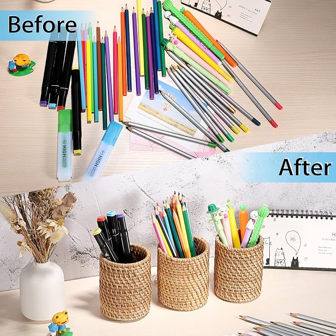 BTSKY 3 Pack Rattan Pen Cup, Handmade Desk Pencil Holders Makeup Brush Holder Multi-Functional Woven Basket Office&Home Desktop Organizer (Cylinder)