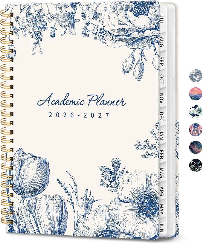 2026–2027 Academic Planner, Weekly and Monthly Planner for Women, July 2026 - June 2027, Pretty Hardcover 2026–2027 Academic Planner with Tabs, Inner Pocket, Spiral Bound, Perfect Office Home School Supplies - 6.3" x 8.5", Blue Elegance