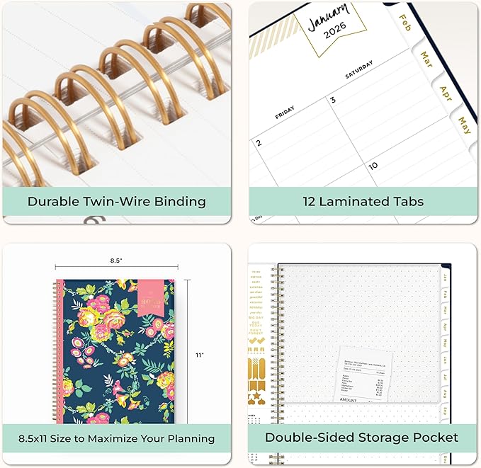Blue Sky Day Designer 2026 Weekly and Monthly Planner Calendar, January 2026 - December 2026, 8.5" x 11", Clear Pocket Cover, Durable Twin Wire Binding, Includes Storage Pocket, Stickers, Peyton Navy