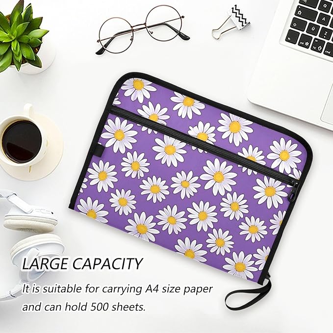 Expanding File Folder Daisies Purple Daisy Flower Accordion File Organizer 13 Pockets Document Organizer with Zipper Labels A4 Letter Office Storage
