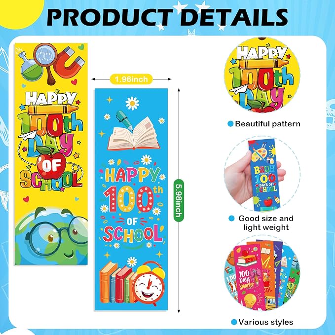 120 Pcs 100 Day of School Paper Bookmarks, 100 Items for 100 Days of School Bookmarks for Students, Playful Cartoon 100th Activities Supplies Gifts for Kids Classroom Prize Office Home Decor