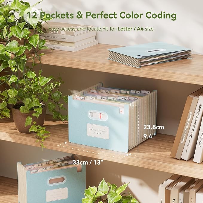 Accordion File Organizer, 12 Pockets Wheat Straw Expanding File Folders, Upright & Open Top, Monthly Bill Receipt Organizer, 100% BPA Free, Return to Nature, Healthy Living, Letter/A4 Size-Sky Blue