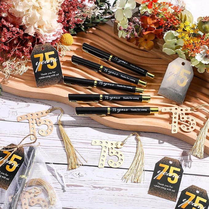 Spakon 25 Set 75th Birthday Party Favor for Guest Anniversary Party Favor Golden Birthday Bookmark Thanks Coming Pen with Tag Appreciation Gifts for Women Men Wedding Anniversary