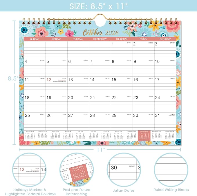 Calendar 2026-2027 - Wall Calendar 2026-2027 with 18 Months, Jul. 2026 - Dec. 2027, Wall Calendar with Twin-Wire Binding + 11" x 8.5" + Hanging Hook + Ruled Blocks with Julian Dates - Black Floral