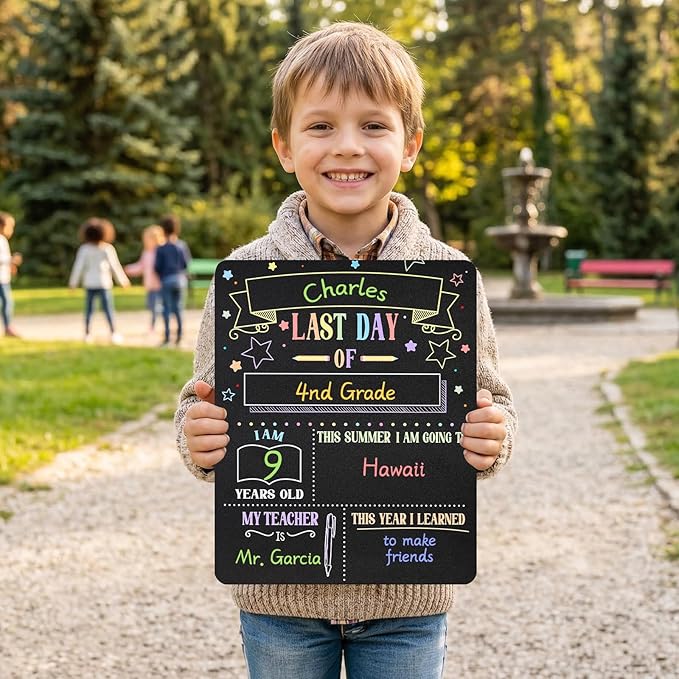 First Day Last Day of School Sign 11x14 Double-Sided Reusable Chalkboard with Chalk Markers - Back to School Gift Photo Prop for Preschool Kindergarten Elementary Kids Memory Keepsake