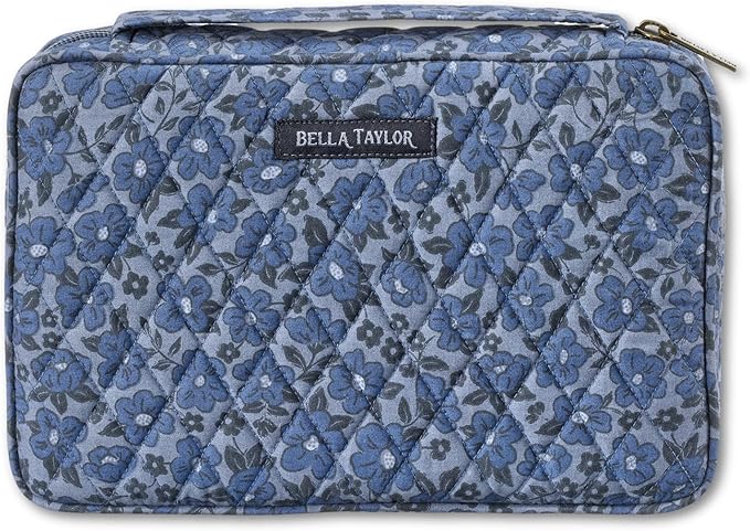 Bella Taylor Small Bible Cover for Women - Quilted Cotton Bible Case for 6 x 9 inch Books - Navy Floral