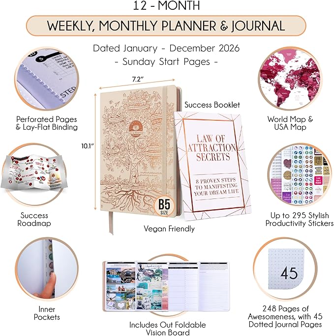 Deluxe 2026 Planner Weekly and Monthly | Law of Attraction Planner with Productivity App | 12-Month for Productivity, Gratitude & Goal Setting | Includes Foldable Vision Board, Gift Box & Stickers
