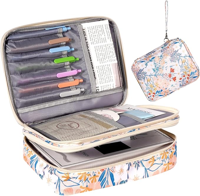 Bible Bag for Girls Organizer - Dual Zipper Compartments with 7 Pen Slots for Church Bible Study, Christian Gift for Teen (Floral-Beige)