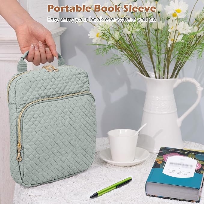 Book Sleeve with Zipper Book Pouch,Quilted Book Carrier, Book Covers for Book Lovers,Multi-pocket Book Protector Case for Hardcover,Book Accessories, Bible Bags for Bible Study Supplies, AA Books