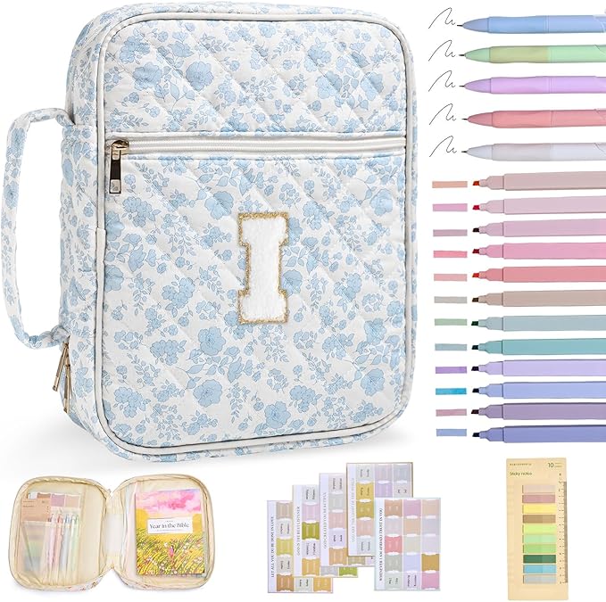 Personalized Initial Bible Cover Case for Women Girls Kid Large Bible Cover with Durable Handle Quilted Bible Carrying Case for Girls Bible Study Supplies Accessories (Blue Flower I, one Size)