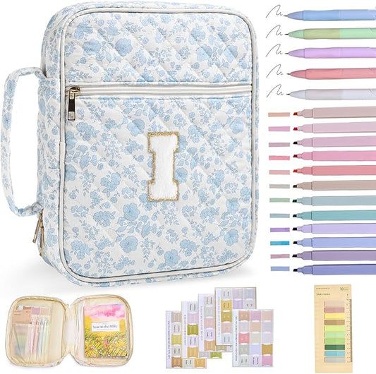 Personalized Initial Bible Cover Case for Women Girls Kid Large Bible Cover with Durable Handle Quilted Bible Carrying Case for Girls Bible Study Supplies Accessories (Blue Flower I, one Size)