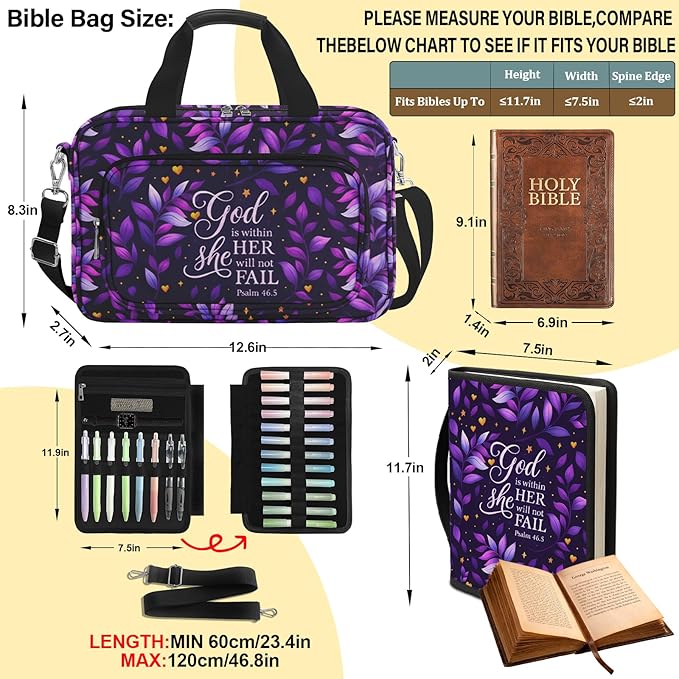 Bible Cover Case for Women with Large Bible Bag, Bible Cover with Journaling Kit & Shoulder Strap, Pens and Highlighters Cross Clips for Bible Study & Church, Christian Gift for Women