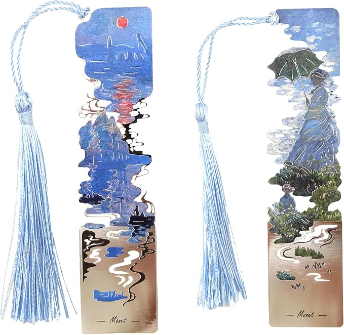 2 Metal Bookmarks with Tassel, Oil Painting Woman with a Parasol and Impression Sunrise
