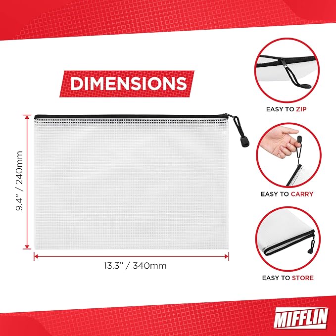 Mifflin-USA - Mesh Zipper Pouch Document Bag - Black, A4 Letter Size, 18 Pack - Clear Travel Zipper Bags - Waterproof Plastic Pouches - Large (L) Zip Pouch