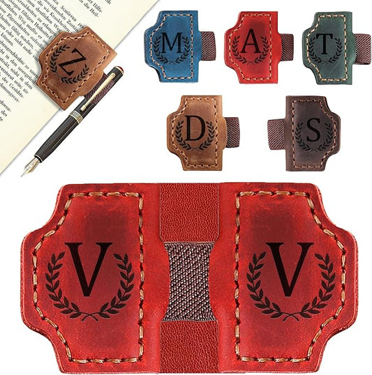 Custom Magnetic Bookmarks with Pen Holder, Personalized 26 Letters Name Initial Leather Bookmark, Leather Book Mark for Men Women Teachers, Readers Book Lovers Gifts (Red, V)