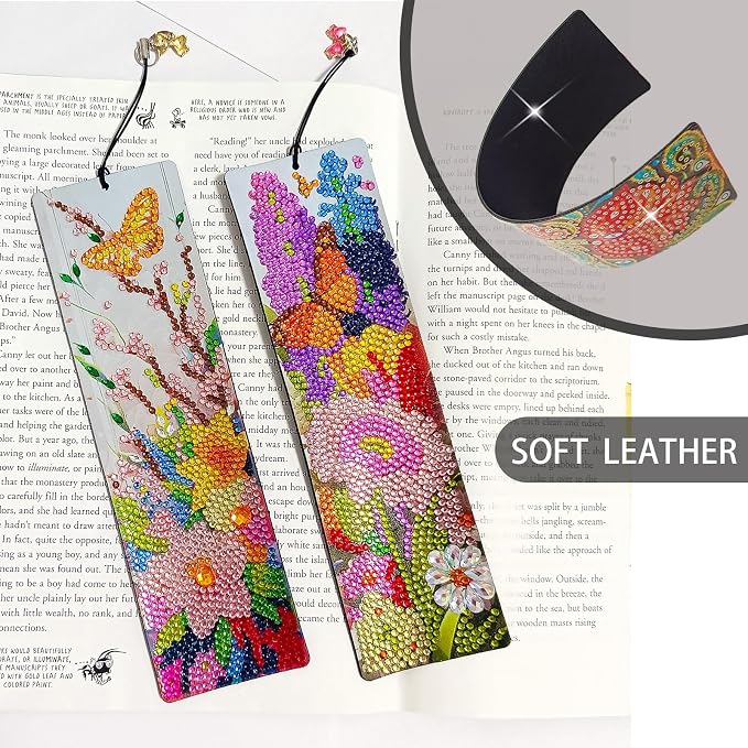 4 Pcs LINGFANG Diamond Painting Bookmark, Leather DIY Book Makers for Adults Book Lovers, Diamond Art Beginners, Small Diamond Art Kits, Art Crafts Supplies Gift for Girls (Flower Butterfly)