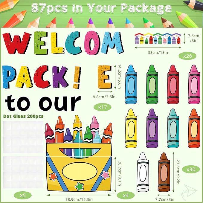 87Pcs Classroom Bulletin Board Decorations Set，Back to School Crayon Themed Classroom Decor Colorful Crayons Name Tags with Border, for School Classroom Door Home Wall Decorations Party Supplies