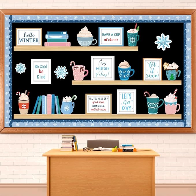 Winter Hot Cocoa Bulletin Board Set Winter Warm Inspirational Bulletin Board Christmas Classroom Decoration Snowflakes Paper Cutouts for Xmas Holiday School Office Chalkboard Wall Supplies