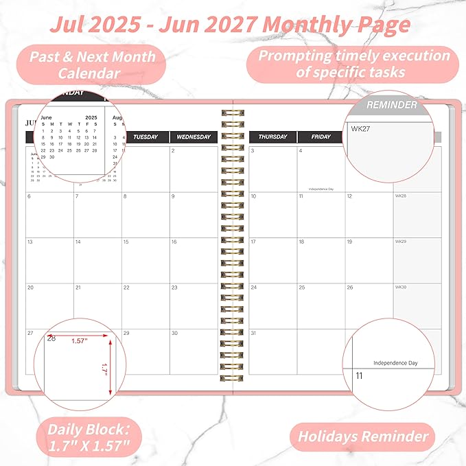 Monthly Planner 2025-2027, July 2025 - June 2027, 2 Year Calendar 2025-2027 Monthly Planner, 7.5" x 10", 24 month Calendar With Goals To Do List, Habit Tracker Suitable for Schools & Offices & Home, Pink