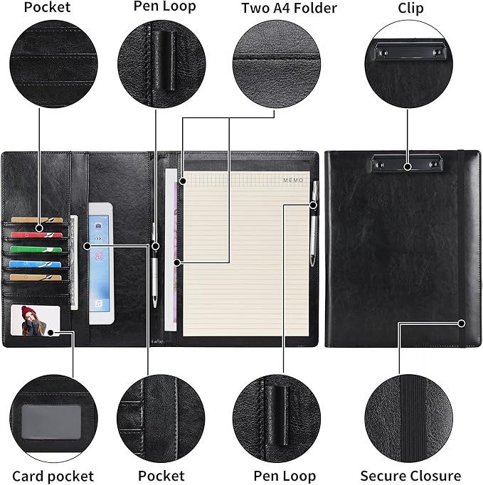 Wonderpool A4 PU Leather Clipboard Partfolio Notepad Forms Holders Document Case - Interview Planner Meeting Writing Padfolio File for Office Travel School Hotel Hospital (A4,Black)