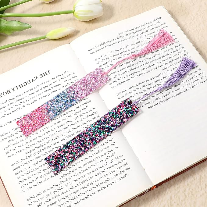 2Pcs Glitter Bookmarks for Girls Purple Pink Sparkly Bookmarks | Acrylic Bling Book Marks Resin Tassel Bookmark for Girls Women Book Lover Reading Presents