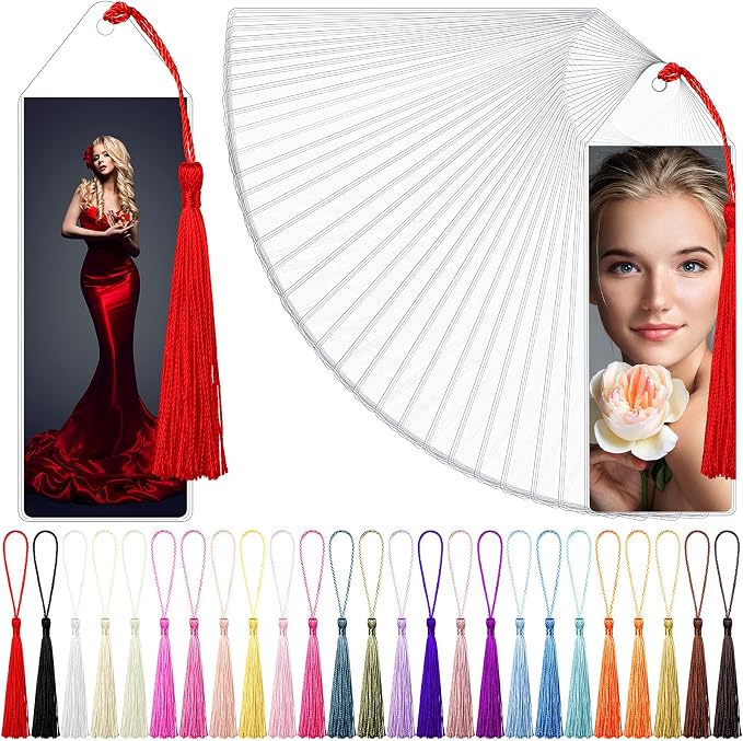 Zonon 100 Pieces 2 x 6 Clear Plastic Bookmark Sleeves with Tassels Vinyl Photobooth Bookmark Covers Blank Strip Display Holder Laminating Pouches for DIY Gift Tags School Office Party Favors