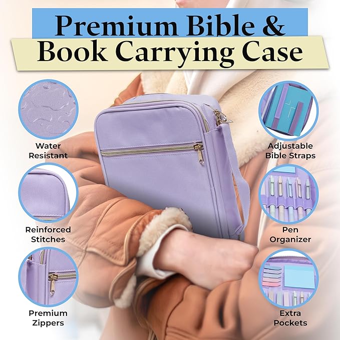 S.F. Creations Premium Bible Carrying Case – Bible Case for Women with Adjustable Straps, Dual Compartments, Extra Pockets for Pens, Book Cover for Teens & Kids, Lavender Case Only