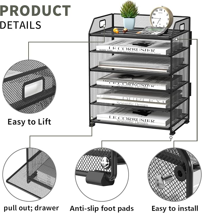 6 Trays Paper Organizer Letter Tray with Pull-Out Drawer, Assembled Mesh Desk File Holder, Metal Paper Sorter for Office Documents, Black