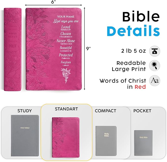 Personalized NLT Gift Bible, New Living Translation, Red Letter, Faux Leather, Peony Pink, Custom Name Bible for Women, Christian Graduation Gift for Her, Birthday Gift, Inspirational Keepsake