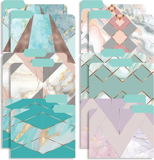 Decorative File Folders 1/3 Cut Tab, 12 Pack Marble Design, Heavyweight Laminated Letter Size (9.5” x 11.5”), Stylish Fashion File Folders for Home, Office & School Organization (Gold Marble)