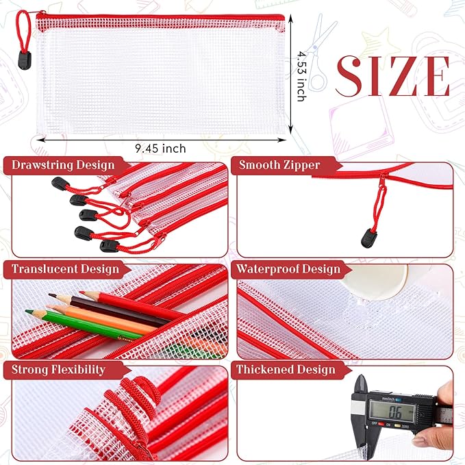 Sherr 120 Pcs Mesh Zipper Pouch A6 Pencil Pouches Bulk Small Clear Mesh Bags with Zipper 9.45'' x 4.53'' Waterproof File Bag Pencil Case for School Office Travel Organization(Red)