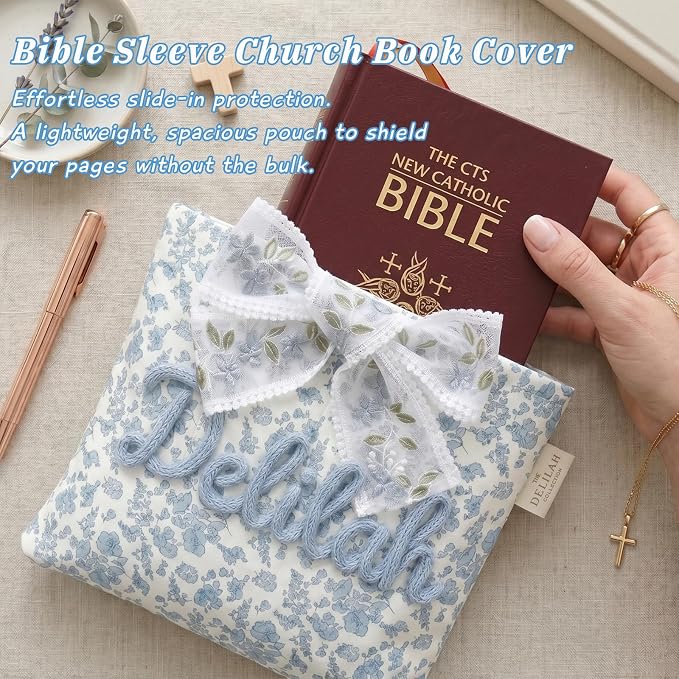 Personalized Quilted Bow Bible Sleeve Book Cover Case for Women - Custom 3D Embroidery Name Bible Carrying Case, Customized Bible Accessories Gift for Christians Women Girls Book Lovers (Style 01)