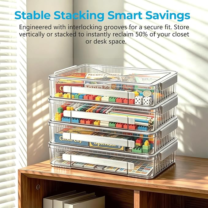 Board Game Storage & Puzzle Case 2 Pack,Extra Deep Storage Box with Lid,Stackable Storage Containers for A4 & Letter Paper,Clear Plastic Box with Latch for Crafts,Documents and Art Supplies